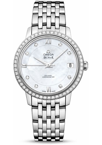 Omega De Ville Stainless Steel 32.7 MM - Stainless Steel Bracelet - Diamond Bezel - White Mother-Of-Pearl Diamond Dial - 424.15.33.20.55.001