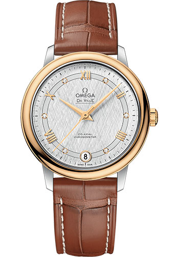 Omega De Ville Stainless Steel and Yellow Gold 32.7 MM - Light Brown Leather Strap - White Silvery Dial - 424.23.33.20.52.001