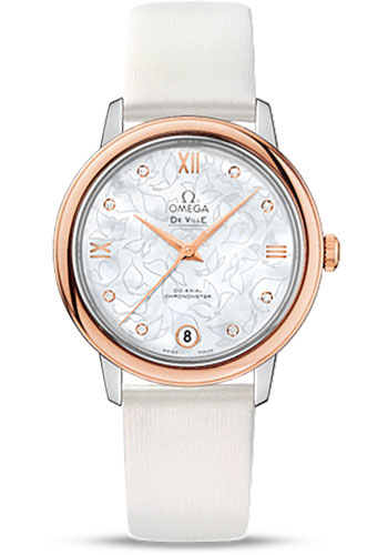 Omega De Ville Rose Gold 32.7 MM - White Leather Strap - Mother-Of-Pearl Diamond Dial - 424.22.33.20.55.001