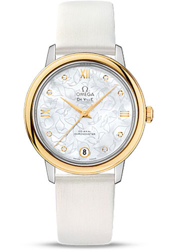 Omega De Ville Yellow Gold 32.7 MM - White Leather Strap - Mother-Of-Pearl Diamond Dial - 424.22.33.20.55.002
