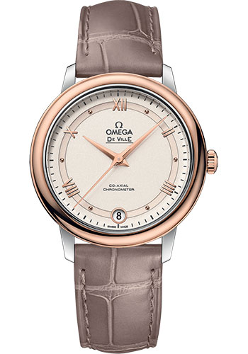 Omega De Ville Stainless Steel and Rose Gold 32.7 MM - Taupe Brown Leather Strap - Beige Dial - 424.23.33.20.09.001