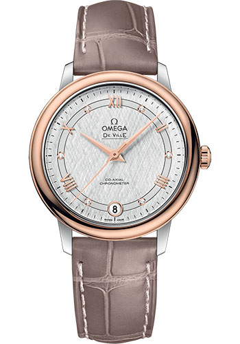 Omega De Ville Stainless Steel and Rose Gold 32.7 MM - Taupe Brown Leather Strap - White Silvery Dial - 424.23.33.20.52.002