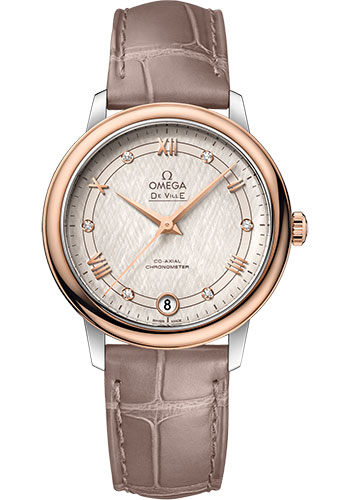 Omega De Ville Stainless Steel and Rose Gold 32.7 MM - Taupe Brown Leather Strap - Ivory Silvery Dial - 424.23.33.20.52.003
