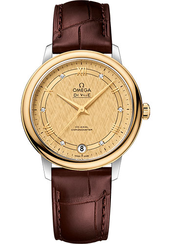 Omega De Ville Stainless Steel and Yellow Gold 32.7 MM - Brown Leather Strap - Champagne Dial - 424.23.33.20.58.001