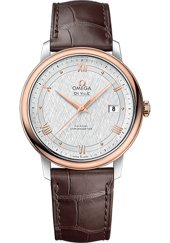 Omega De Ville Rose Gold and Stainless Steel 39.5 MM - Brown Leather Strap - White Silvery Dial - 424.23.40.20.02.002