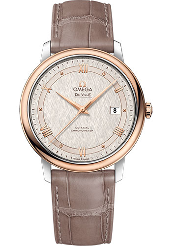 Omega De Ville Rose Gold and Stainless Steel 39.5 MM - Taupe Brown Leather Strap - Ivory Silvery Dial - 424.23.40.20.02.003