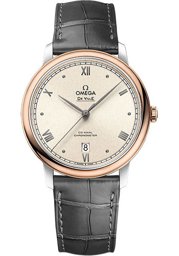 Omega De Ville Rose Gold and Stainless Steel 39.5 MM - Grey Leather Strap - PVD Linen Colour Dial - 424.23.40.20.09.001