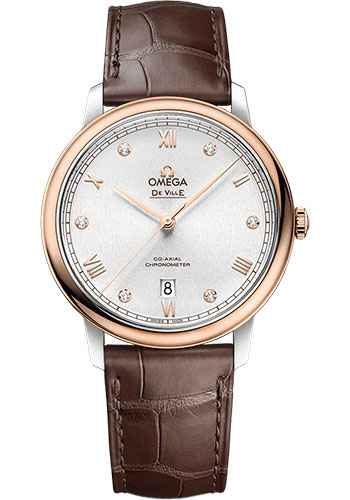 Omega De Ville Rose Gold and Stainless Steel 39.5 MM - Brown Leather Strap - White Silvery Diamond Dial - 424.23.40.20.52.001