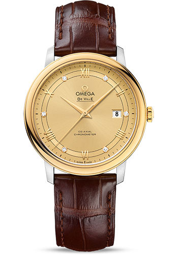 Omega De Ville Yellow Gold and Stainless Steel 39.5 MM - Brown Leather Strap - Champagne Diamond Dial - 424.23.40.20.58.001