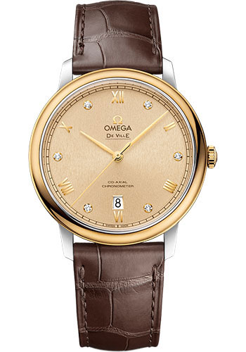 Omega De Ville Yellow Gold and Stainless Steel 39.5 MM - Brown Leather Strap - Yellow Gold Diamond Dial - 424.23.40.20.58.002