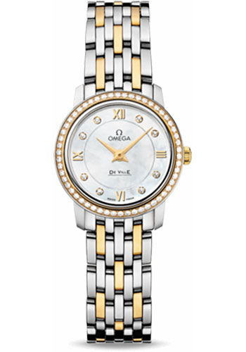 Omega De Ville Stainless Steel and Yellow Gold 24.4 MM - Stainless Steel and Yellow Gold Bracelet - Diamond Bezel - White Mother-Of-Pearl Diamond Dial - 424.25.24.60.55.001