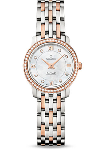 Omega De Ville Stainless Steel and Rose Gold 24.4 MM - Stainless Steel and Rose Gold Bracelet - Diamond Bezel - White Mother -Of- Pearl Diamond Dial - 424.25.24.60.55.002