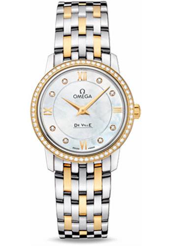 Omega De Ville Stainless Steel and Yellow Gold 27.5 MM - Stainless Steel and Yellow Gold Bracelet - Diamond Bezel - Mother -Of- Pearl Diamond Dial - 424.25.27.60.55.001