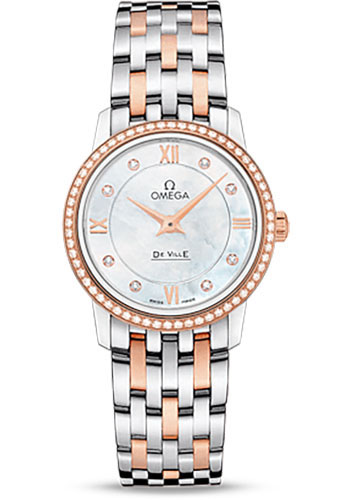 Omega De Ville Stainless Steel and Rose Gold 27.4 MM - Stainless Steel and Rose Gold Bracelet - Diamond Bezel - Mother-Of-Pearl Diamond Dial - 424.25.27.60.55.002