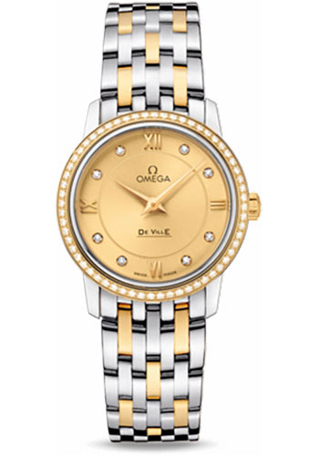Omega De Ville Stainless Steel and Yellow Gold 27.5 MM - Stainless Steel and Yellow Gold Bracelet - Diamond Bezel - Champagne Diamond Dial - 424.25.27.60.58.001