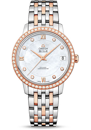 Omega De Ville Stainless Steel and Rose Gold 32.7 MM - Stainless Steel and Rose Gold Bracelet - Diamond Bezel - Mother-Of-Pearl Diamond Dial - 424.25.33.20.55.002