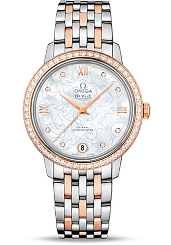Omega De Ville Stainless Steel and Rose Gold 32.7 MM - Stainless Steel and Rose Gold Bracelet - Diamond Bezel - Mother-Of-Pearl Dial - 424.25.33.20.55.003