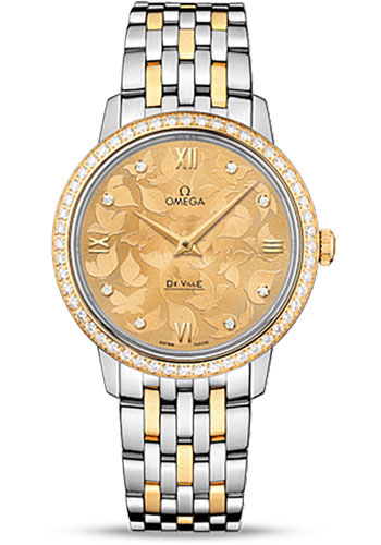Omega De Ville Stainless Steel and Yellow Gold 32.7 MM - Stainless Steel and Yellow Gold Bracelet -  Diamond Bezel - Champagne Diamond Dial - 424.25.33.60.58.001