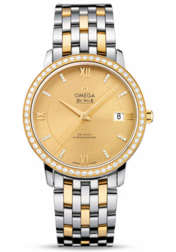 Omega De Ville Stainless Steel and Yellow Gold 36.8 MM - Stainless Steel and Yellow Gold Bracelet - Diamond Bezel - Champagne Diamond Dial - 424.25.37.20.58.001