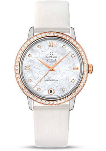 Omega De Ville Rose Gold 32.7 MM - White Leather Strap - Diamond Bezel - Mother-Of-Pearl Diamond Dial - 424.27.33.20.55.001
