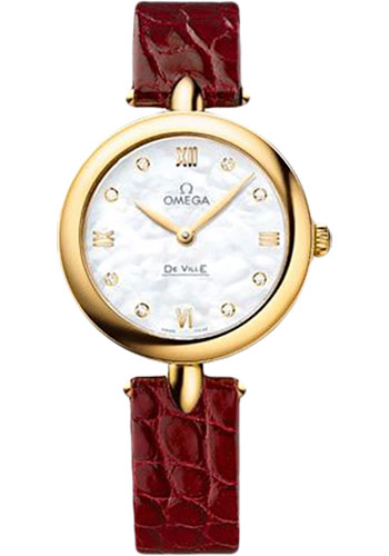Omega De Ville Yellow Gold 27.4 MM - Red Leather Strap - Mother-Of-Pearl Dial - 424.53.27.60.55.001