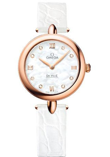 Omega De Ville Rose Gold 27.4 MM - White Leather Strap - Mother-Of-Pearl Dial - 424.53.27.60.55.002