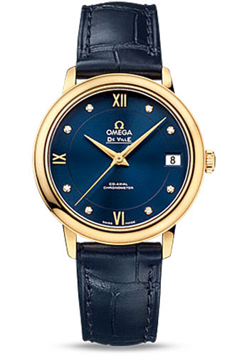 Omega De Ville Yellow Gold 32.7 MM - Blue Leather Strap - Blue Diamond Dial - 424.53.33.20.53.002