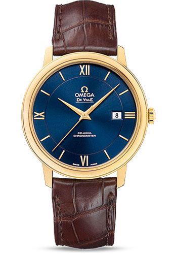 Omega De Ville Yellow Gold 39.5 MM - Brown Leather Strap - Blue Dial - 424.53.40.20.03.001