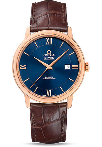 Omega De Ville Rose Gold 39.5 MM - Brown Leather Strap - Blue Dial - 424.53.40.20.03.002