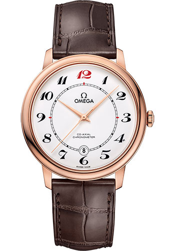 Omega De Ville Rose Gold 39.5 MM - Brown Leather Strap - White Enamel Dial - 424.53.40.20.04.004
