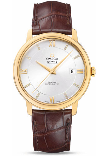 Omega De Ville Yellow Gold 39.5 MM - Brown Leather Strap - Silver Diamond Dial - 424.53.40.20.52.001