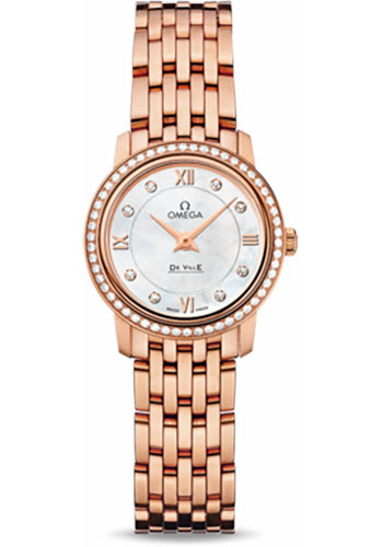 Omega De Ville Rose Gold 24.4 MM - Rose Gold Bracelet - Diamond Bezel - White Mother -Of- Pearl Diamond Dial - 424.55.24.60.55.002