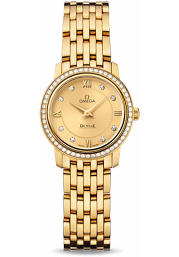 Omega De Ville Yellow Gold 24.4 MM - Yellow Gold Bracelet - Diamond Bezel - Champagne Diamond Dial - 424.55.24.60.58.001