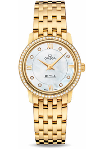Omega De Ville Yellow Gold 27.4 MM - Yellow Gold Bracelet - Diamond Bezel - Mother-Of-Pearl Diamond Dial - 424.55.27.60.55.001
