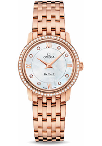 Omega De Ville Rose Gold 27.4 MM - Rose Gold Bracelet - Diamond Bezel - Mother-Of-Pearl Diamond Dial - 424.55.27.60.55.002