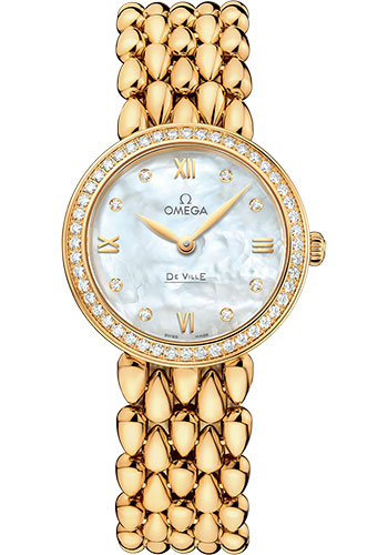 Omega De Ville Yellow Gold 27.4 MM - Yellow Gold Bracelet - Diamond Bezel - Mother-Of-Pearl Dial - 424.55.27.60.55.006
