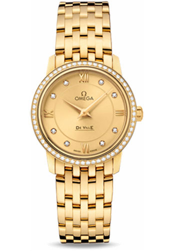 Omega De Ville Yellow Gold 27.4 MM - Yellow Gold Bracelet - Diamond Bezel - Champagne Diamond Dial - 424.55.27.60.58.001