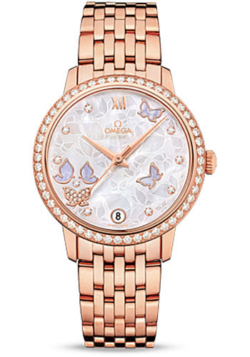 Omega De Ville Rose Gold 32.7 MM - Rose Gold Bracelet - Diamond Bezel - Mother-Of-Pearl Diamond Dial - 424.55.33.20.55.004