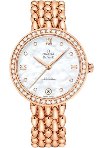 Omega De Ville Rose Gold 32.7 MM - Rose Gold Bracelet - Diamond Bezel - White Mother -Of- Pearl Diamond Dial - 424.55.33.20.55.007