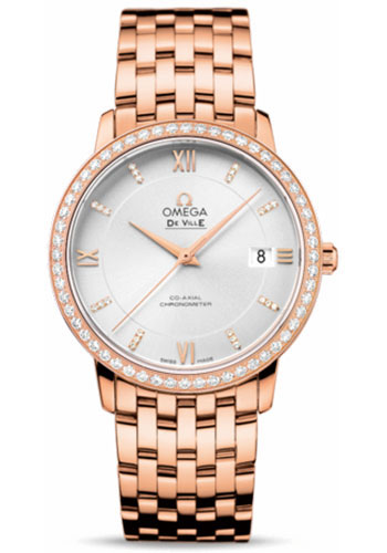 Omega De Ville Rose Gold 36.8 MM - Rose Gold Bracelet - Diamond Bezel - Silver Diamond Dial - 424.55.37.20.52.001