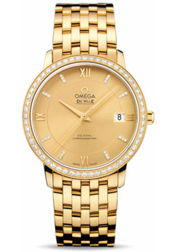 Omega De Ville Yellow Gold 36.8 MM - Yellow Gold Bracelet - Diamond Bezel - Champagne Diamond Dial - 424.55.37.20.58.001