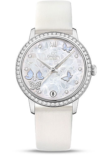 Omega De Ville White Gold 32.7 MM - White Leather Strap - Diamond Bezel - Mother-Of-Pearl Diamond Dial - 424.57.33.20.55.001