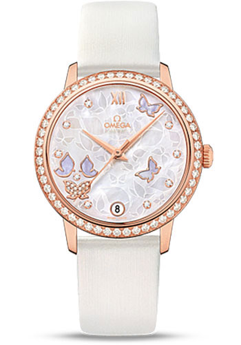 Omega De Ville Rose Gold 32.7 MM - White Leather Strap - Diamond Bezel - Mother-Of-Pearl Diamond Dial - 424.57.33.20.55.002