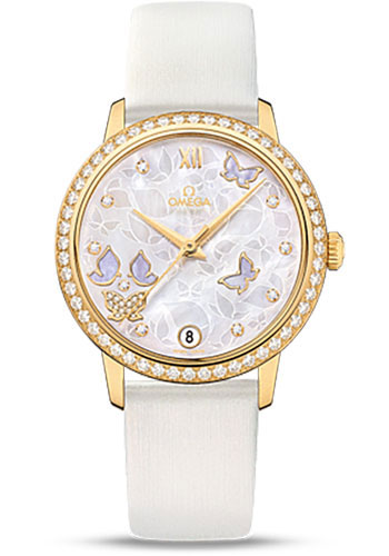 Omega De Ville Yellow Gold 32.7 MM - White Leather Strap - Diamond Bezel - Mother-Of-Pearl Diamond Dial - 424.57.33.20.55.003