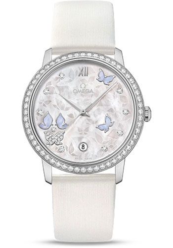Omega De Ville White Gold 36.8 MM - White Leather Strap - Diamond Bezel - Mother-Of-Pearl Diamond Dial - 424.57.37.20.55.002