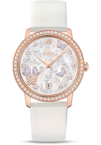 Omega De Ville Rose Gold 36.8 MM - White Leather Strap - Diamond Bezel - Mother-Of-Pearl Diamond Dial - 424.57.37.20.55.003