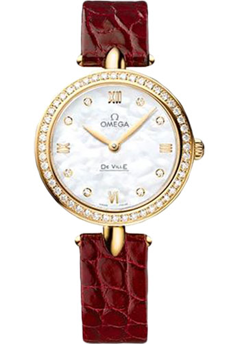 Omega De Ville Yellow Gold 27.4 MM - Red Leather Strap - Diamond Bezel - Mother-Of-Pearl Dial - 424.58.27.60.55.001