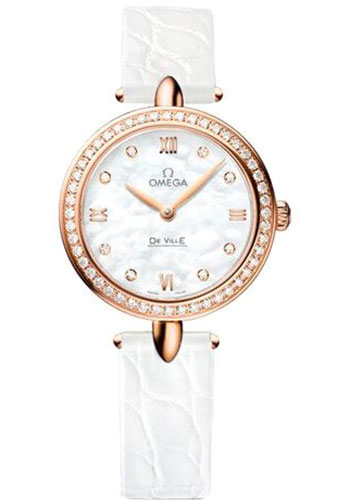 Omega De Ville Rose Gold 27.4 MM - White Leather Strap - Diamond Bezel - Mother-Of-Pearl Dial - 424.58.27.60.55.002