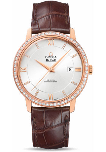Omega De Ville Rose Gold 39.5 MM - Brown Leather Strap - Diamond Bezel - Silver Diamond Dial - 424.58.40.20.52.002