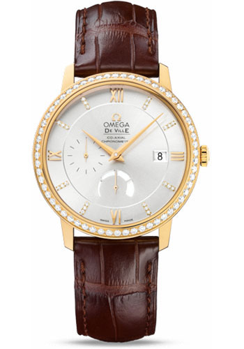 Omega De Ville Rose Gold 39.5 MM - Brown Leather Strap - Diamond Bezel - Silver Diamond Dial - 424.58.40.21.52.001